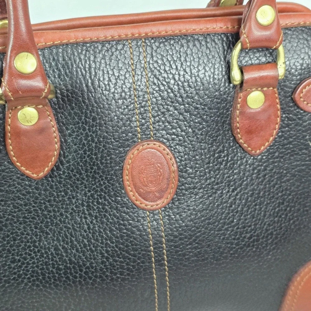 80s Vintage Liz Claiborne Genuine Leather Handbag Black Brown Trim Purse - Picture 2 of 13